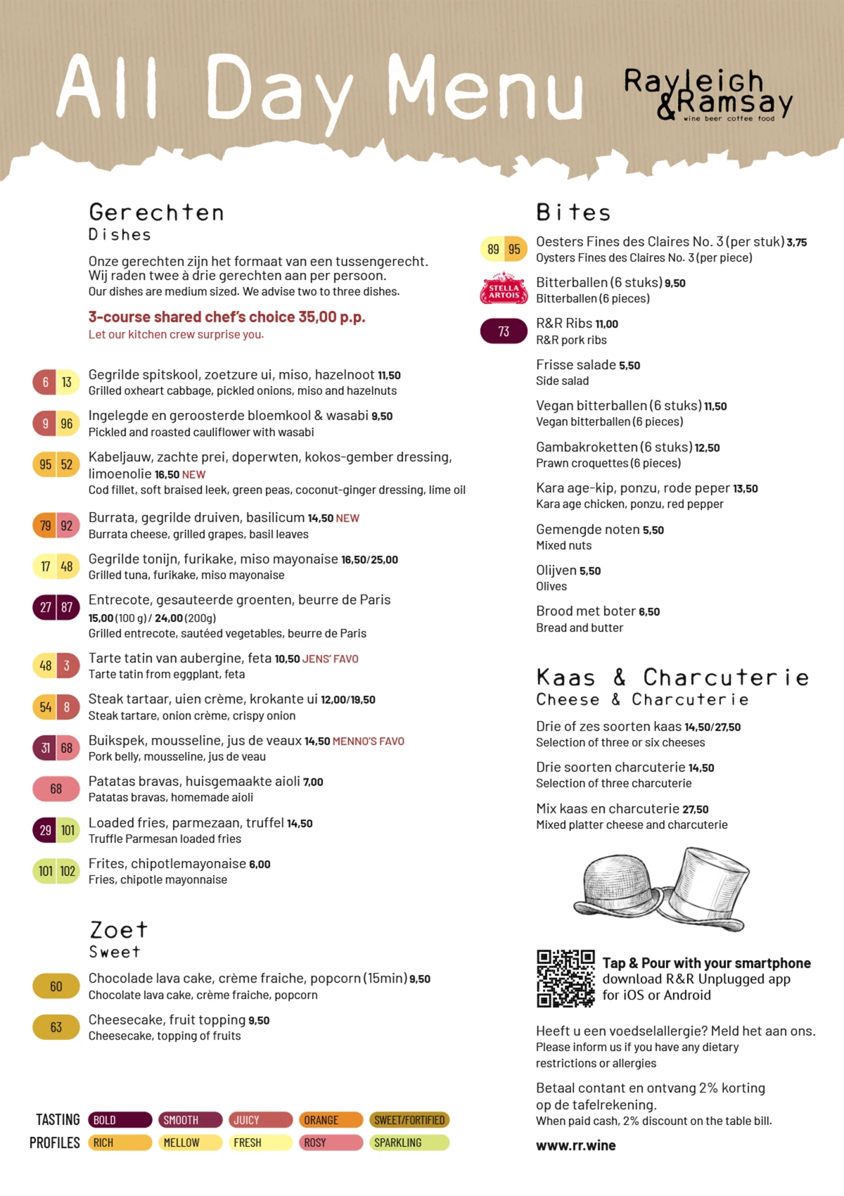 Rayleigh & Ramsay Westerpark Amsterdam, menu featuring desserts, sharing dishes, bites, cheese and charcuterie. The menu also lists prices, wine tasting profiles, a QR code for the Unplugged app, and a 2% discount for cash payments.